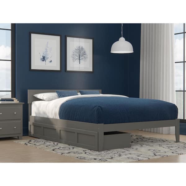AFI Boston Grey Queen Solid Wood Storage Platform Bed with 2 Extra Long Drawers