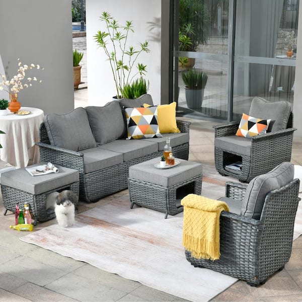HOOOWOOO Echo Black 5-Piece Wicker Multi-Function Pet Friendly Outdoor Patio Conversation Sofa Set with Dark Grey Cushions