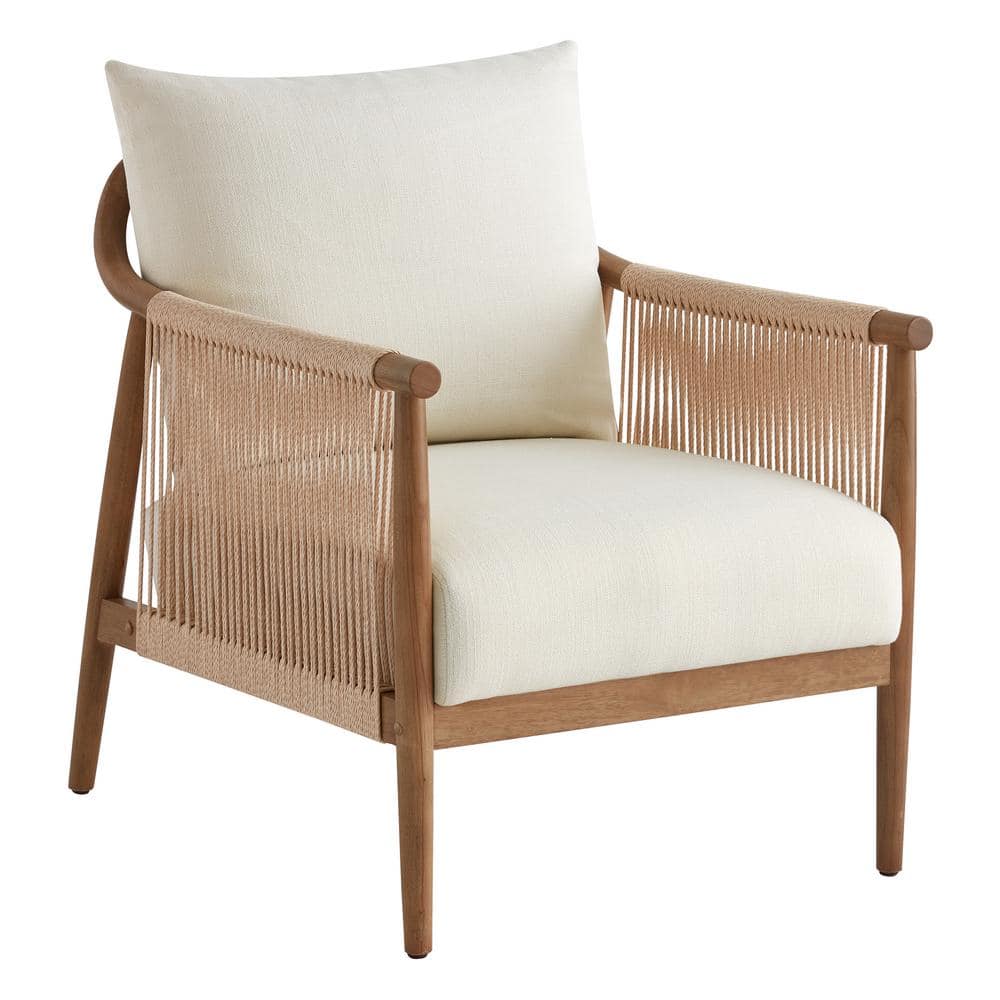 Cream Fabric and Wood Square Arm Accent Chair