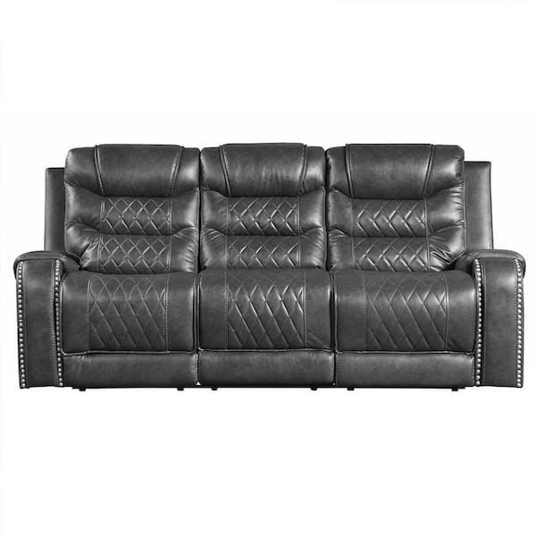 Bergen 86.5 in. W Straight Arm Faux Leather Rectangle Manual Reclining Sofa with Center Drop-Down Cup Holders in Gray