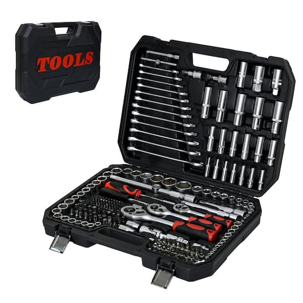 Huluwat 4 Gal. Black Plastic Deck Box, Steel Tools Box ( 216-Pieces)