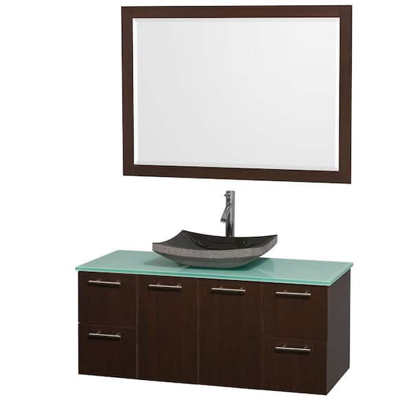 Wyndham Collection Amare 48 in. Vanity in Espresso with Glass Vanity Top in Aqua and Black Granite Sink