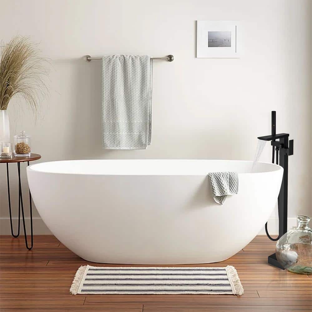 Matte Black Solid Brass Freestanding Tub Faucet with Handheld Shower
