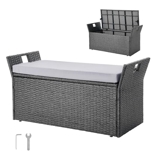 2-Person PE Rattan Storage Bench, 40 Gal. Deck Box with Cushion and Side Handle, Supports 400 lbs. Weatherproof