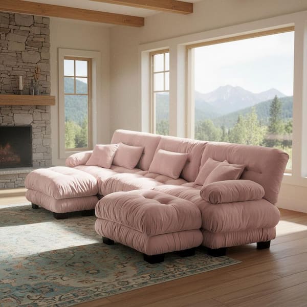 MINH 133.8 in. Pillow Arm 5-Piece Chenille Sectional Sofa with Ultra Soft Seat and 2 Movable Ottomans in Dusty Rose