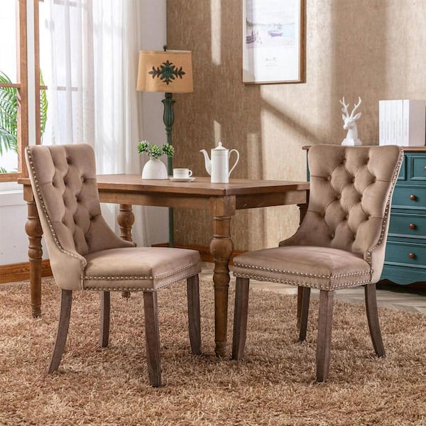 Khaki Velvet Dining Chairs Set of 2 with Back Ring,Nailhead Trim,Solid Wood Legs