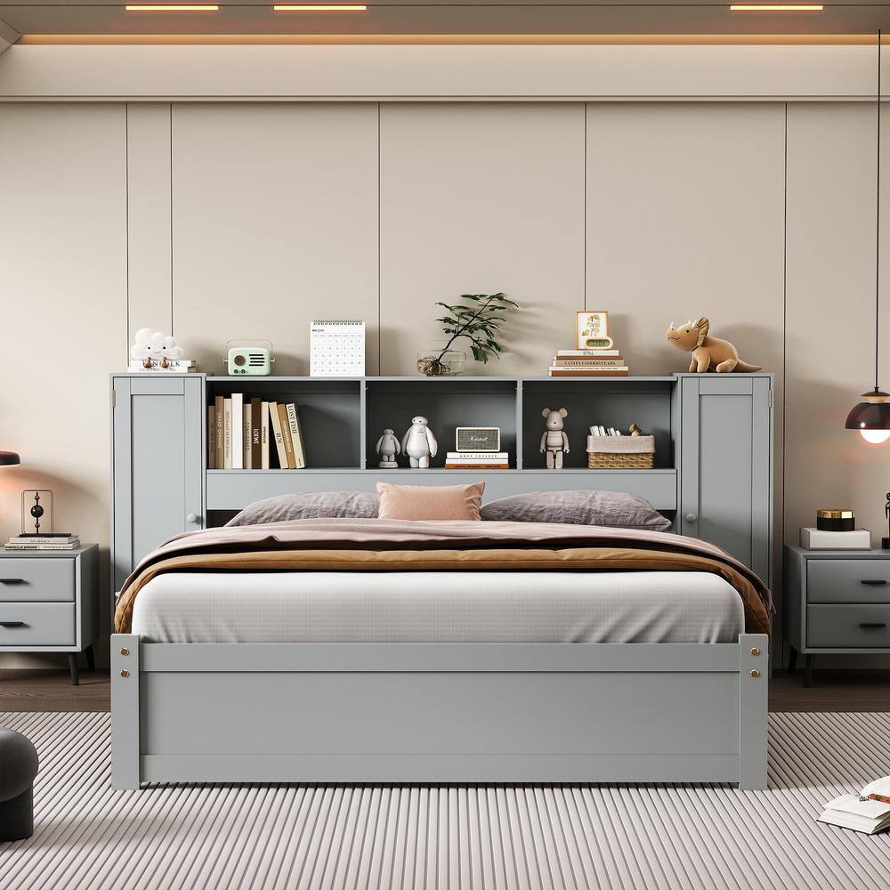 Gray Full Size Wood Platform Bed with Storage Headboard and Cabinets