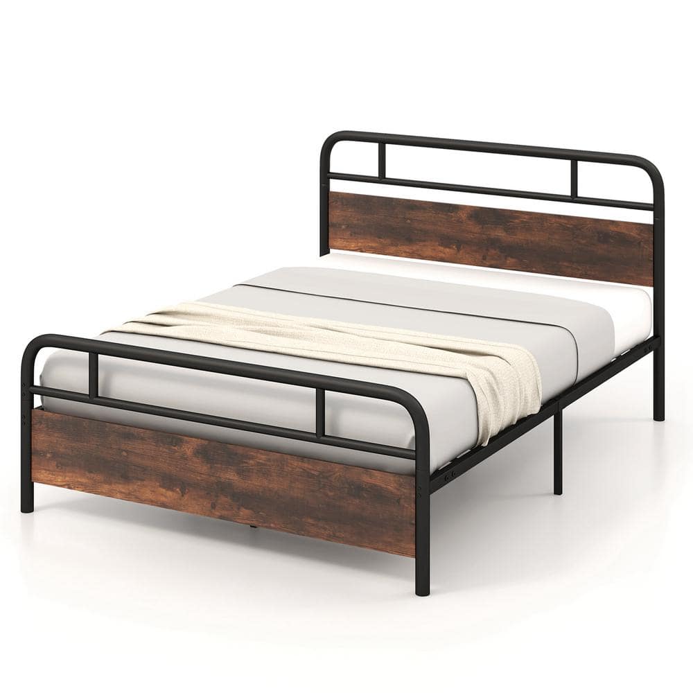Costway Brown Metal Frame Queen Size Platform Bed Frame Industrial Headboard Mattress Foundation K0L 10N4 A55 Q The Home Depot