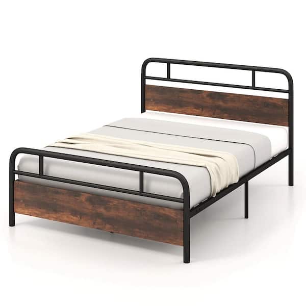 Costway Brown Metal Frame Queen Size Platform Bed Frame Industrial Headboard Mattress Foundation