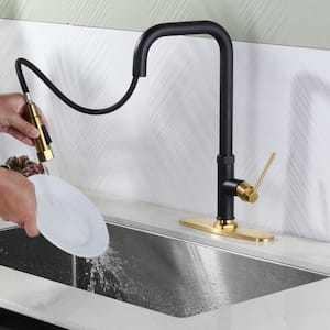 Single Handle Pull Down Sprayer Kitchen Faucet in Black and Gold