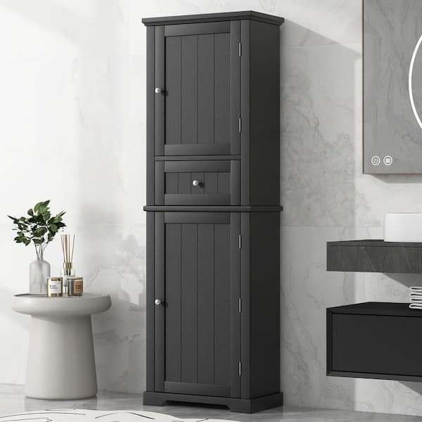 Qualler 22 in. W x 11 in. D x 68 in. H Black Wood Freestanding Linen Cabinet with Adjustable Shelf and Drawer in Black