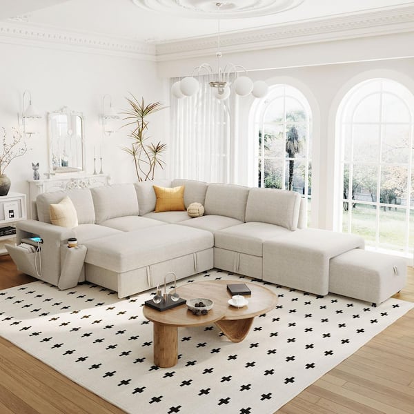 Harper & Bright Designs 90.6 in. Fabric L-Shaped Modular Sectional Sofa in Beige with USB Port, Cup Holder, Removable Ottoman, Pull-out Sofa Bed