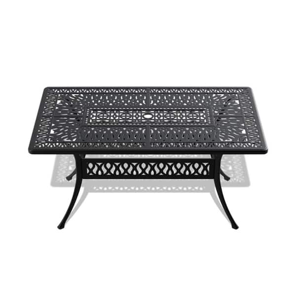 Misopily 58.27 in. L x 34.65 in. W Rectangular Cast Aluminum Black Outdoor Patio Dining Table with Umbrella Hole