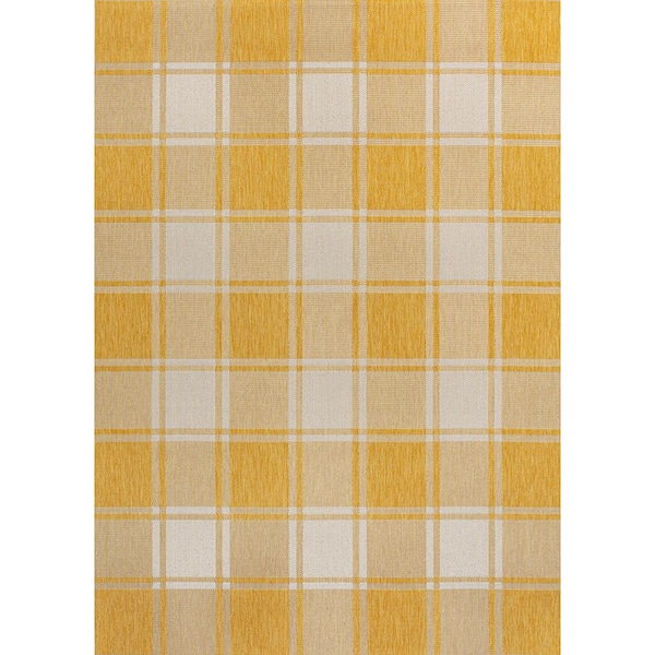 Sabine Traditional Farmhouse Bold Gingham Yellow/Cream 5 ft. x 8 ft. Indoor/Outdoor Area Rug