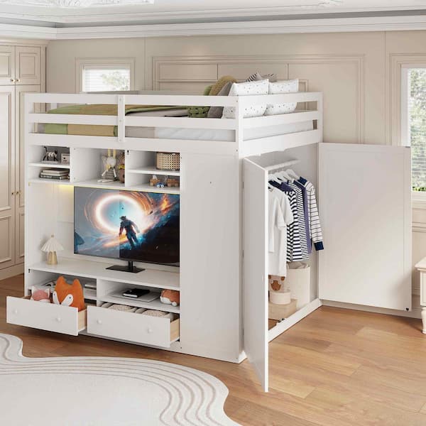 White Full Wood Loft Bed with Drawers, Shelves and Light