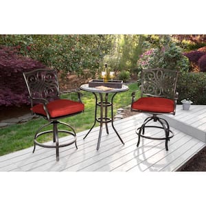 Traditions 3-Piece Aluminum Outdoor Dining Bistro Set with Red Cushions and 2-Swivel Chairs