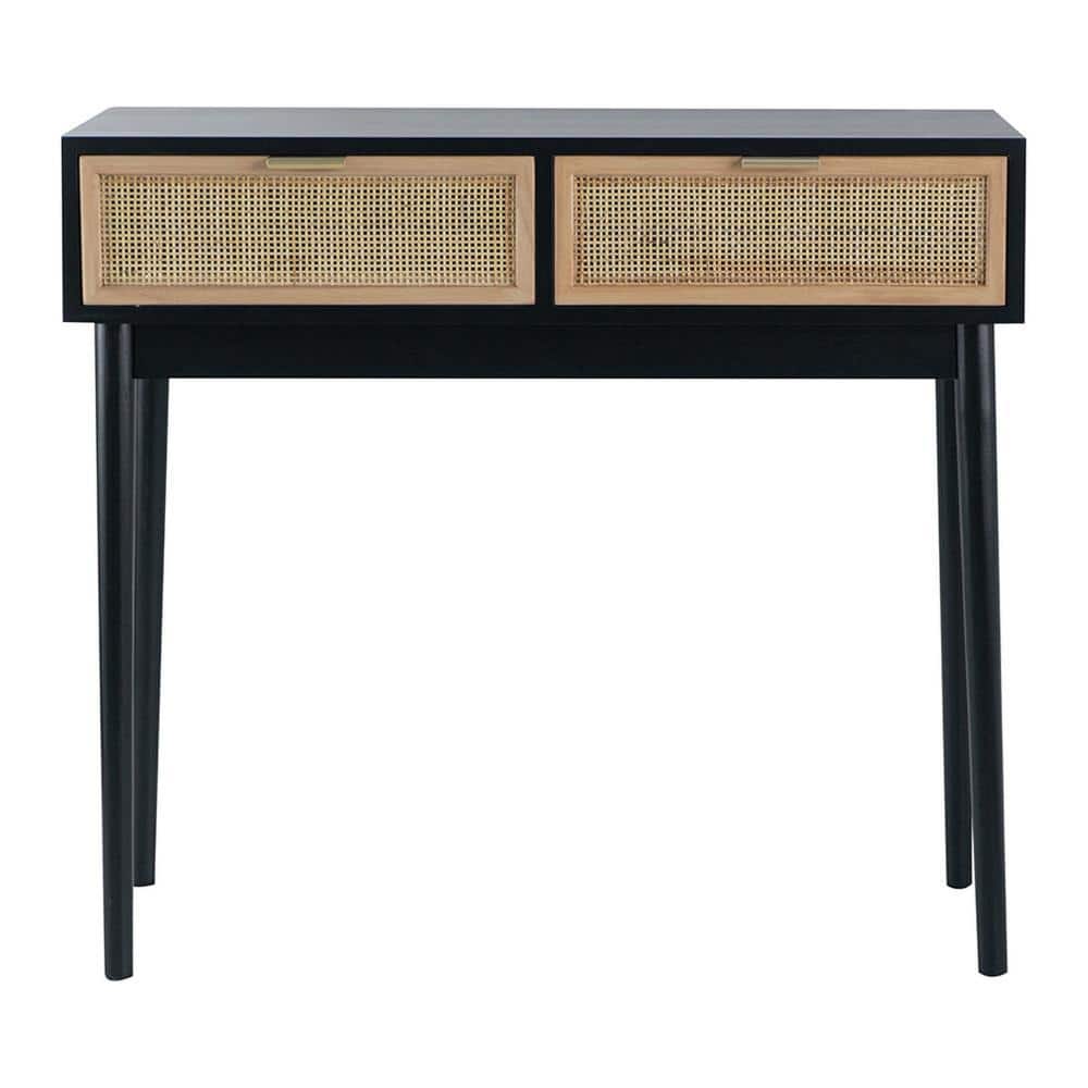 Ela 35 Inch Black Wood Console Table with Rattan Drawers