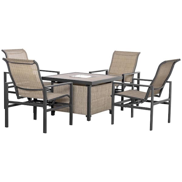 Zeus & Ruta 5-Piece Beige Metal Outdoor Rocking Chair, Square Table with Built-in Ice Bucket Insert, 4 Rocking Chairs for Garden