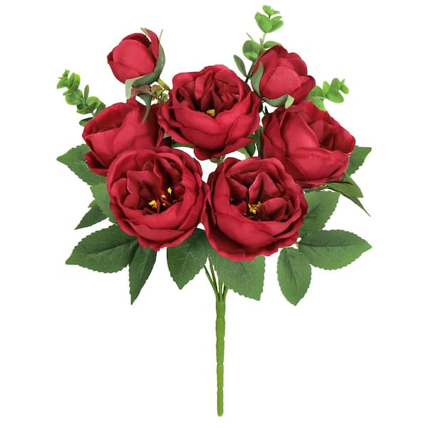 LIVING LUXURY 13 in. Red Artificial Cabbage Rose Flower Stem Bush Bouquet (Set of 4)