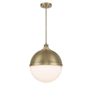 Vorey 100-Watt 1-Light Oxidized Aged Brass Shaded Pendant Light with Etched Opal Glass Shade and No Bulbs Included