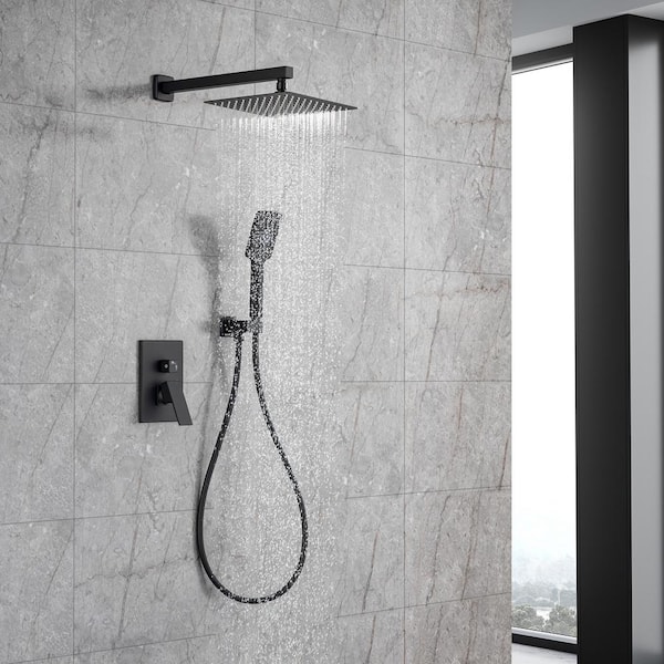 Single-Handle 1-Spray Square High Pressure Shower Faucet with 10 in. Shower Head in Matte Black (Valve Included)