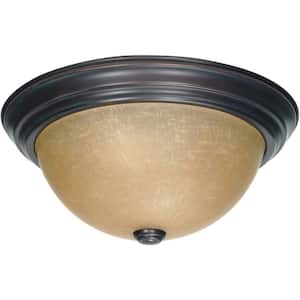 2-Light Mahogany Bronze Flush Mount with Champagne Linen Washed Glass Shade