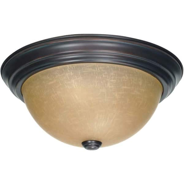 SATCO 2-Light Mahogany Bronze Flush Mount with Champagne Linen Washed Glass Shade