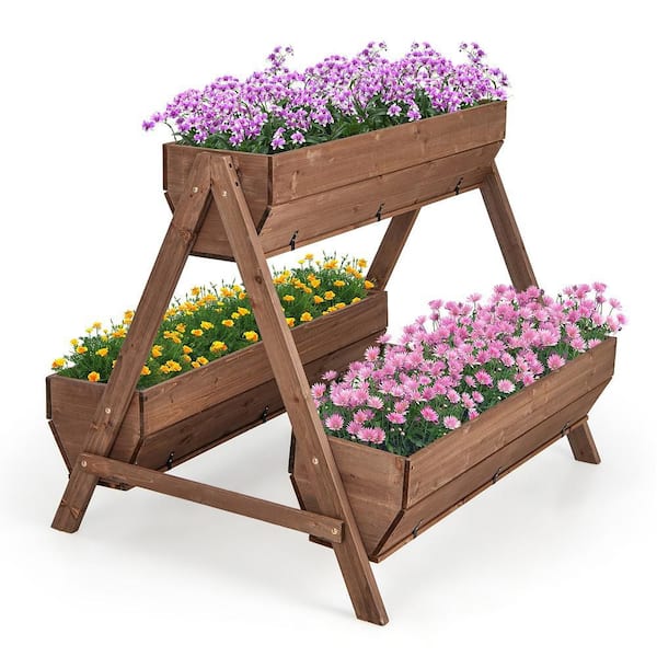 Vertical Raised Garden Bed Wood Tiered Plant Stand w/ 3 Planter Containers