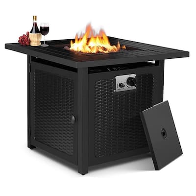 28 in. Outdoor Square Black Rattan Style Powder Coated Steel Gas Propane Fire Pit Table W/Lava Rock