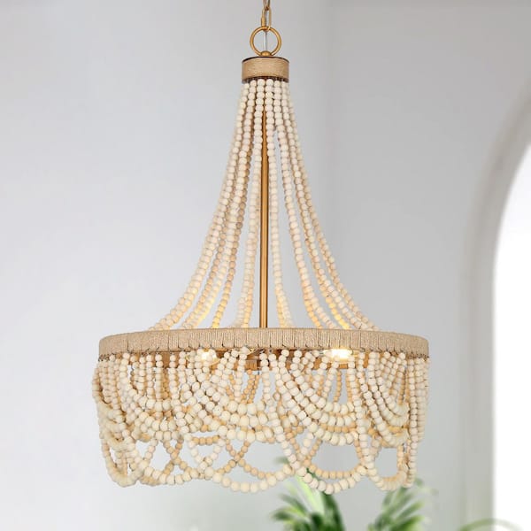 Modern Farmhouse Empire Beaded Chandelier, 3-Light Antique Gold Transitional Boho Chandelier with Handmade Wood Beads