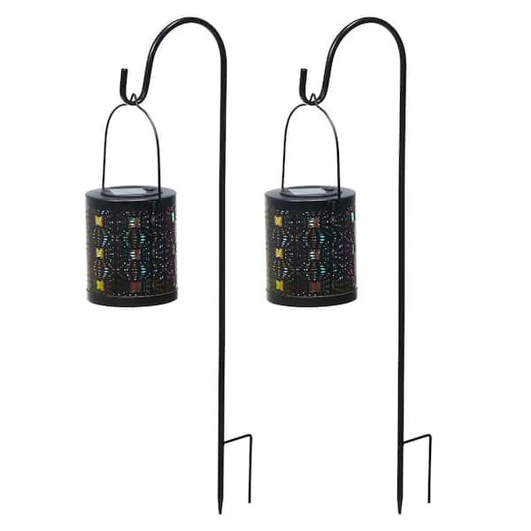Glitzhome 20.25 in. H Metal Cutout Pattern Solar Powered Lantern with LED Light, Laser Plate and Stake Hook (set of 2)