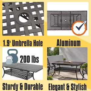 64 in. Black Rectangle Aluminum Outdoor Dining Table Expandable Table with Umbrella Hole