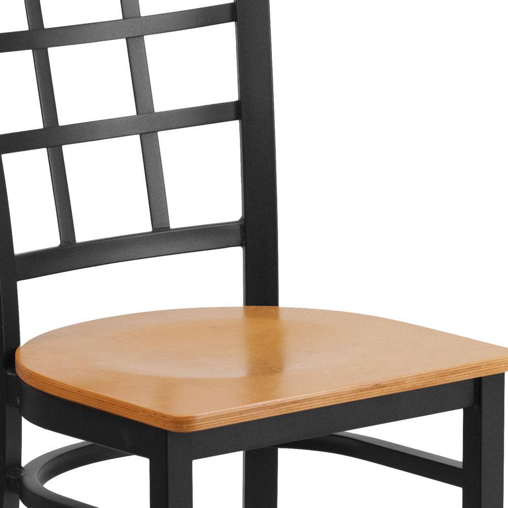 36.5'' High Black Steel Window Back Chair with Natural Wood Seat
