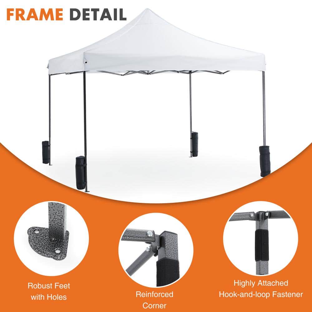 10x10 White Pop-Up Canopy Tent with Black Frame and Carrying Bag