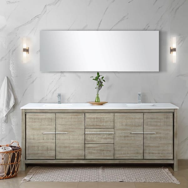 Lexora Lafarre 80 in W x 20 in D Rustic Acacia Double Bath Vanity, Cultured Marble Top, Gun Metal Faucet Set and 70 in Mirror