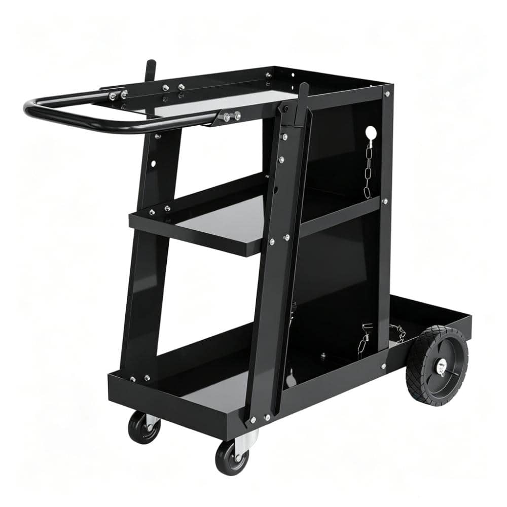 3‑Tier Welding Cart 400 Lbs Welder Cart Flat Handle Rolling Metal Utility Cart with 360° Swivel Wheels for MIG TIG