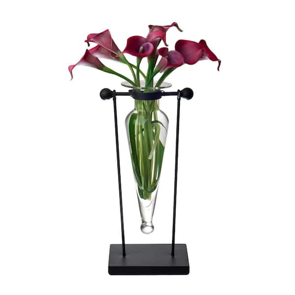 DANYA B Clear Amphora Vase on Swiveling Iron Stand with Finials and Hinge