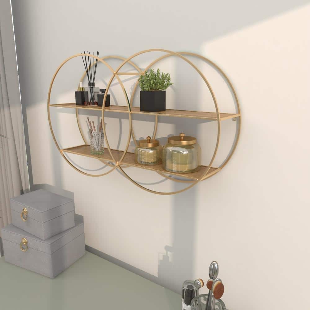 Elegant Rustic 30" Gold & Brown Iron 2-Tier Floating Wall Shelf