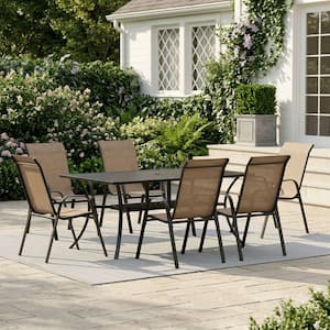 7-Piece Metal Outdoor Dining Set with 59.2 in. Black Rectangular Table and 6 Brown Stackable Textilene Dining Chairs