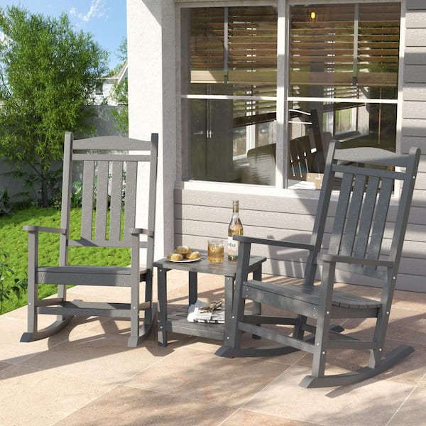2-Person Gray HDPE Plastic Wood Outdoor Rocking Chair Set with Table-Effortless Comfort for Your Patio