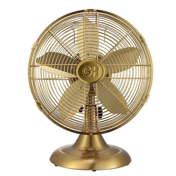 Retro 12 in. All-Metal Table/Desk Fan with 3-Speed Settings, Wide Oscillation, and Carrying Handle in Satin Brass