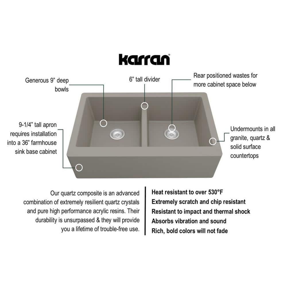 Concrete Quartz Composite Farmhouse Apron Front Double Bowl Kitchen Sink