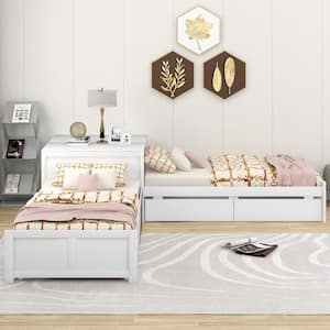 White L-shaped Platform Bed with Trundle and 2 Drawers, Twin Size Wood Kids Bed Daybed Frame with Built-in Square Table