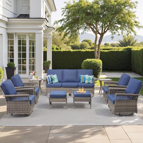 Buenaola Nyajiah 9-Piece Wicker Outdoor Patio Conversation Set with Blue Cushions