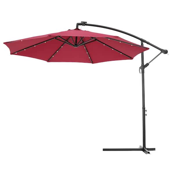 Unbranded 10 ft. Metal Cantilever Solar LED Patio Umbrella in Red