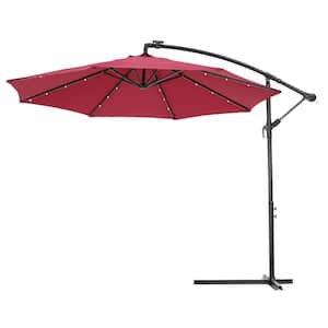 10 ft. Steel Solar LED Minimalist Outdoor Patio Cantilever Umbrella with Button Tilt and Crank System in Red