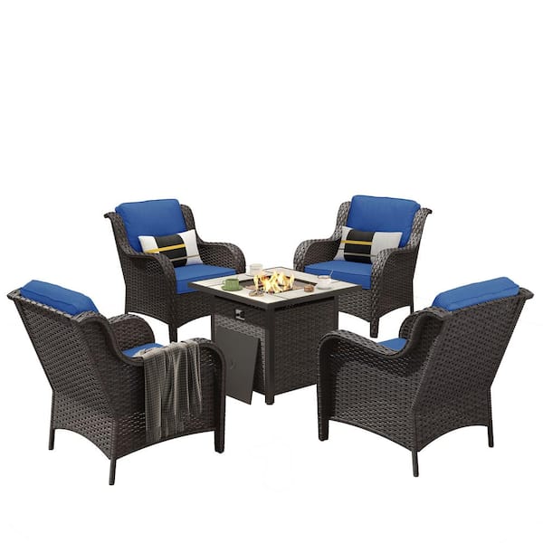Erie Lake Brown 5-Piece Wicker Outdoor Patio Fire Pit Seating Sofa Set and with Navy Blue Cushions