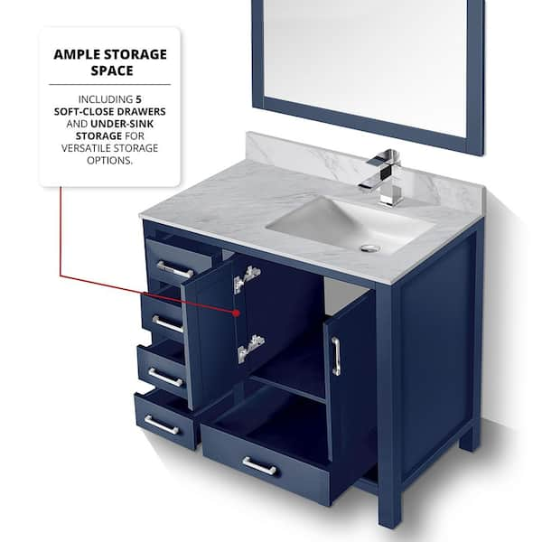 Cora 36 inch Solid Oak Bathroom Vanity with Rectangular Undermount Sink - Navy by Randolph Morris RMAST-36NB-SQWH