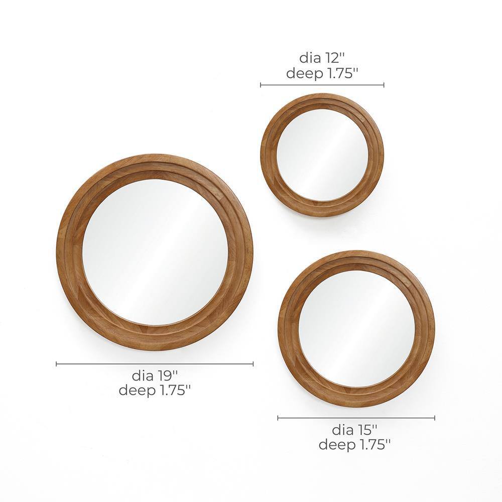 Brown Round Rubberwood 3-Piece Bathroom Vanity Mirror Set