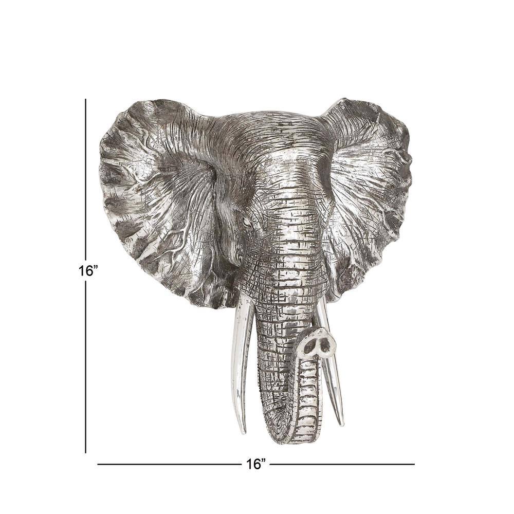 Silver Polystone Elephant Head Wall Sculpture with Tusks